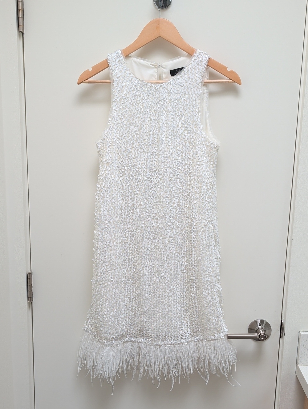 White Halter Sequin Faux Feather Trim Mini Dress